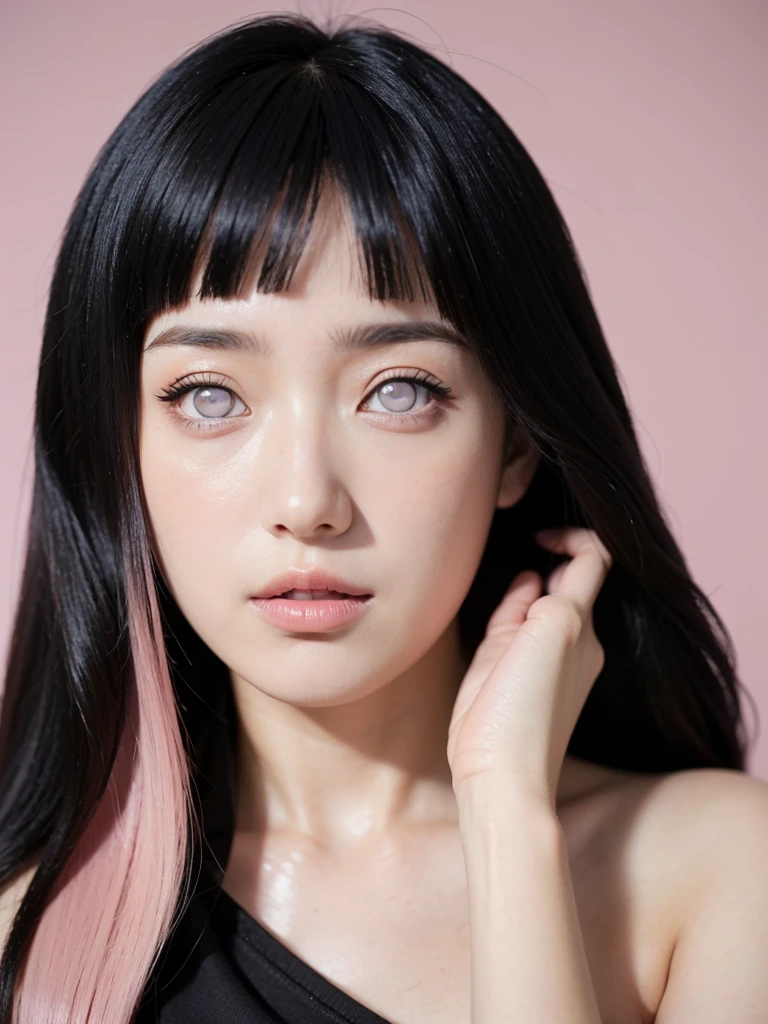((best quality)), ((masterpiece)), (detailed), perfect face, face shoot, dynamic lighting, ((hinata uzumaki)), (((pink long hair)), ahegao face, orgasme face, studio black background, beautiful make up,
