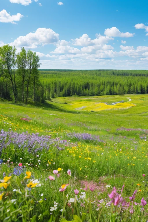 A Moomin Valley-like prairie, colorful flowers and a beautiful blue sky