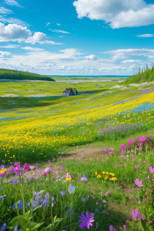 A Moomin Valley-like prairie, colorful flowers and a beautiful blue sky