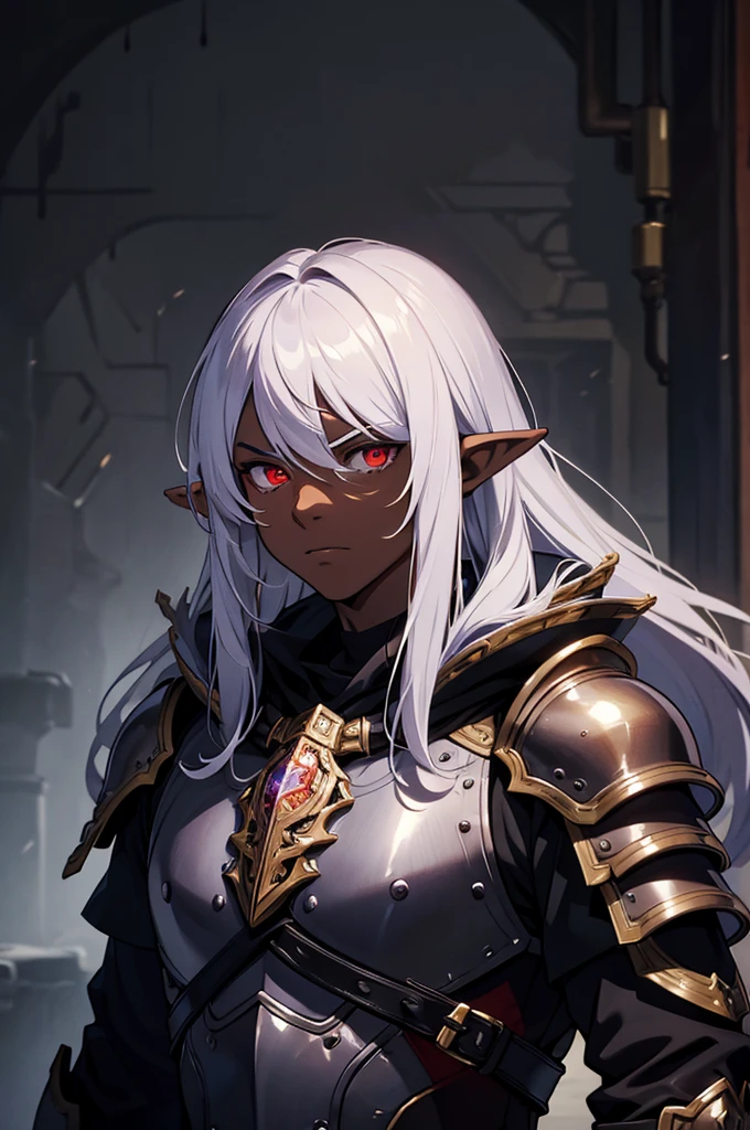 masterpiece, best quality, ultra high res, dark theme, 1boy, (dungeonpunk armor), (steampunk armor), (wearing armor)fantasy illustration, dark skinned, human, upper body, portrait, red eyes, long white hair, half-drow, pointy ears, serious face, young man, dramatic lighting, purple hue, art by Kinema Citrus
