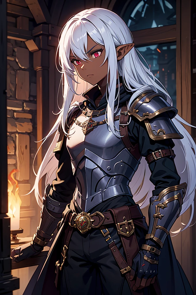 masterpiece, best quality, ultra high res, dark theme, 1boy, (dungeonpunk armor), (steampunk armor), (wearing armor)fantasy illustration, dark skinned, human, upper body, portrait, red eyes, long white hair, half-drow, pointy ears, serious face, young man, dramatic lighting, purple hue, art by Kinema Citrus