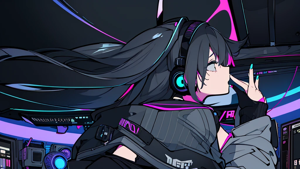 Best quality, (masterpiece:1.2), best detail face, 1 girl, big breasts, 18 yo, 8k,absurdres,unity 8k wall paper,(extremely detailed:1.3), highest realistic, (simple headphones:1.1), (soft neon light:1.1), (floating hair:1.2), (psychedelic:1.2), Her room full of music equipment and plants, Leaning back on the chair with a casual attitude, Light clothing in summer, dark grey color palette, black hair
