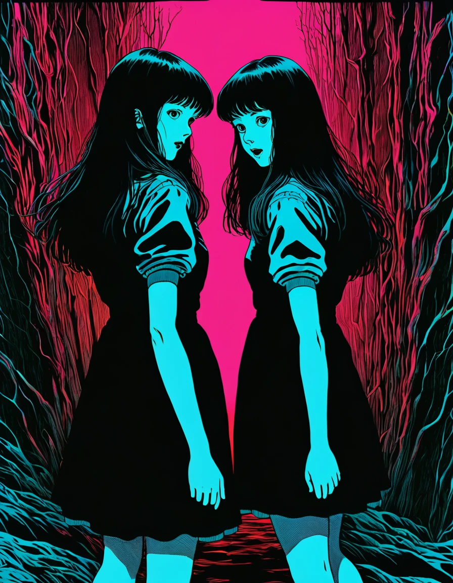 illust、art、from 80s horror movie, directed by Junji Ito、Two twin sisters、Holding hands、nightmare、anxiety、high detail, realsitic shadow、Analog style, vhs style, 8mm film, chromatic aberration, Dvd screengrab、Surrealism