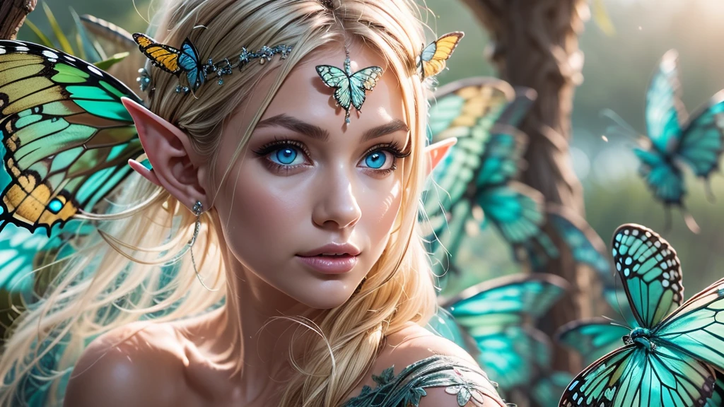 Beautiful, Amazing face and eyes, makeup, (extremely detailed beautiful face), Blonde, (sexiest look), (Beautiful breasts:1.3), (Best Quality:1.4), (Ultra-detailed), (extremely detailed CG unified 8k wallpaper), Highly detailed, RAW Photos, Professional Photography, (silk see through lace:1.3), full body, sitting, (Spread your legs), (:1.4), plein air, Illumination, (Super fancy photos:1.4), (Dazzling light), Radiant Photography, depth of fields, (Glowing blue eyes), (realistic elf ear), (castle, fantasy setting), ((orbs)), massive butterfly wings, flowing butterfly wings,