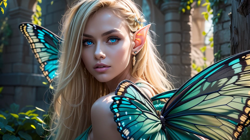 Beautiful, Amazing face and eyes, makeup, (extremely detailed beautiful face), Blonde, (sexiest look), (Beautiful breasts:1.3), (Best Quality:1.4), (Ultra-detailed), (extremely detailed CG unified 8k wallpaper), Highly detailed, RAW Photos, Professional Photography, (silk see through lace:1.3), full body, sitting, (Spread your legs), (:1.4), plein air, Illumination, (Super fancy photos:1.4), (Dazzling light), Radiant Photography, depth of fields, (Glowing blue eyes), (realistic elf ear), (castle, fantasy setting), ((orbs)), massive butterfly wings, flowing butterfly wings, 