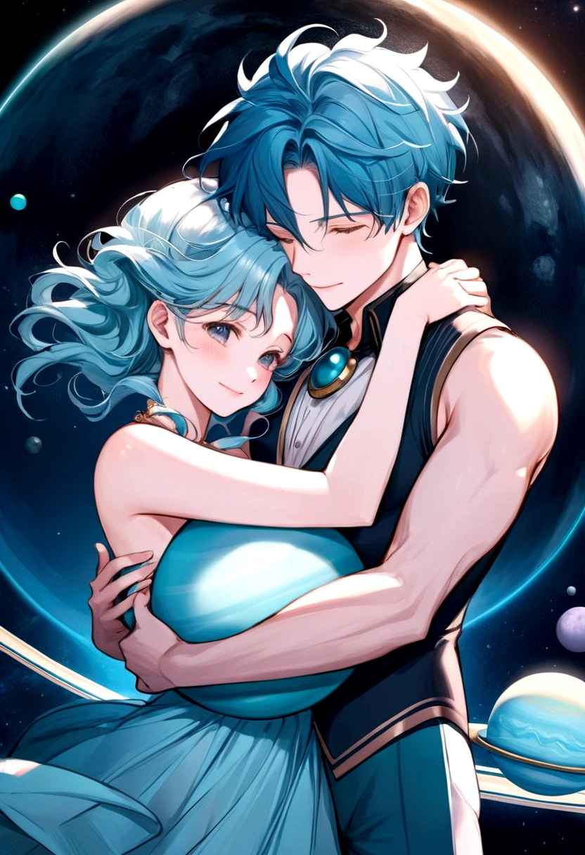 Humanize the planets Neptune and Uranus,let Neptune be a woman and Uranus be a man, Neptune is smiling and hugging Uranus and Uranus is happy and nervous. 