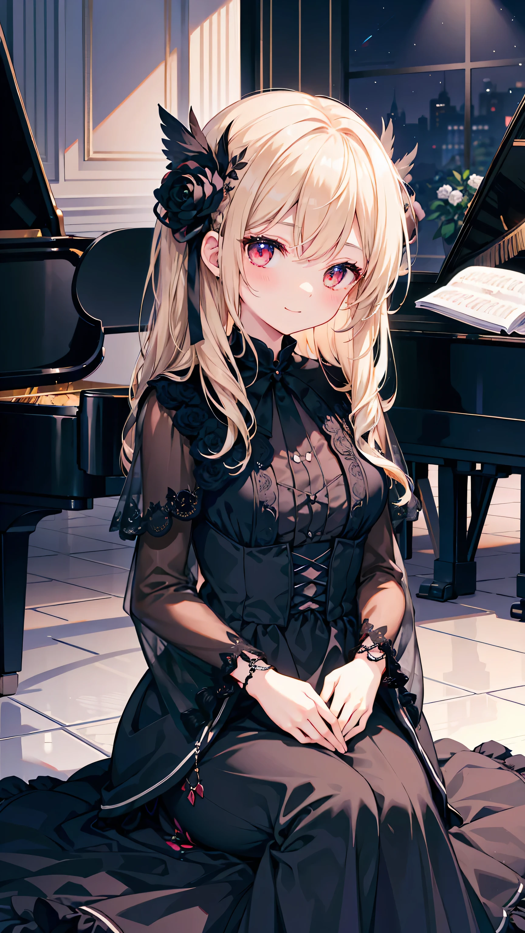 1 girl、solo、length hair、piano、Red Eyes、doress、Black Dress、Luxurious dresses、Black tights、Light blonde hair、Particles of light、mournful smile、Stand in front of the piano in the hall、Stand in front of the piano、spot light、Black Rose Motif Dress、bangss、Piano Headrest、Tilt of the neck、Black roses、beatiful detailed eyes、Detailed background、1 crow、Black feathers flutter、piano、Black Rose、Glass、(Black Dress:1.4)、Dresses are black only、(Girl sitting on ground piano:1.4)、chains、Luminous chain、Magic Chains、Magic butterfly々、A crow flies around the girl