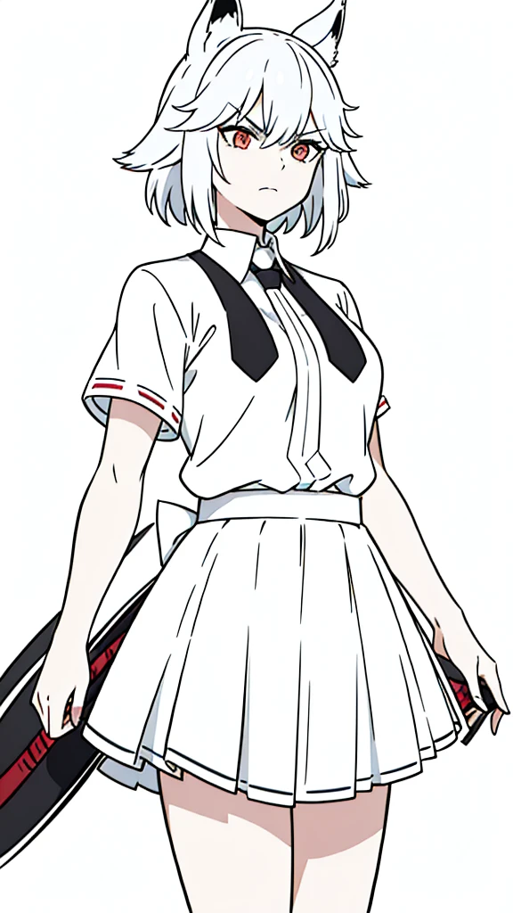 1girl ,20s,angry face,white shirt,short sleeves,short hair,(yae miko hair style),(black standard tie),white school skirt,(white hair),long hair,fox ears,cowboy shot,(white background, line drawing)