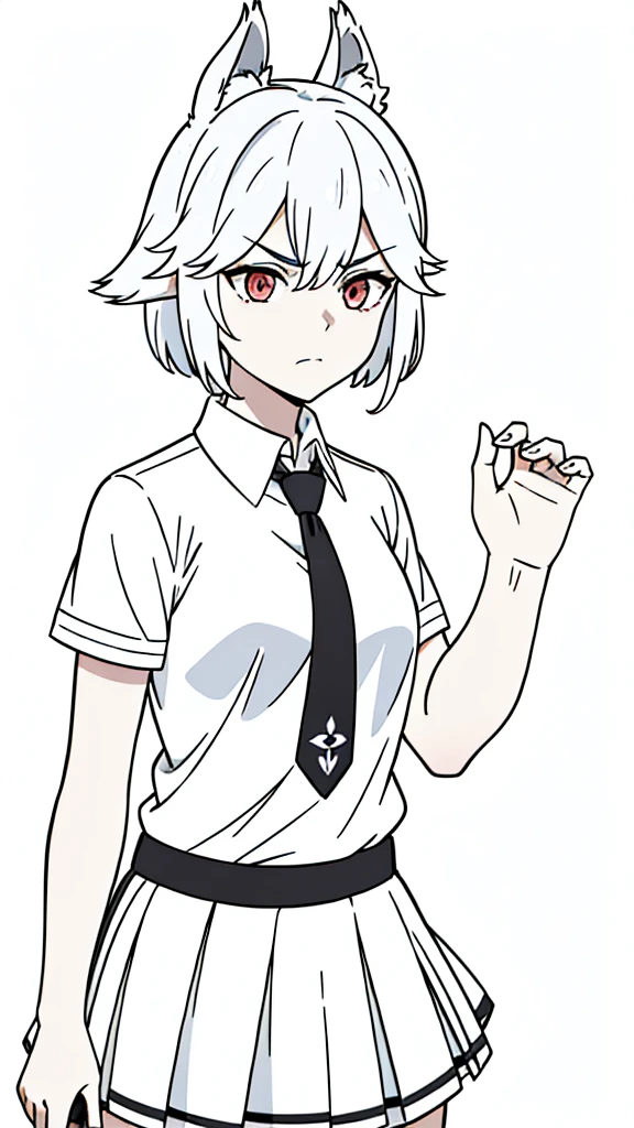 1girl ,20s,angry face,white shirt,short sleeves,short hair,(yae miko hair style),(black standard tie),white school skirt,(white hair),long hair,fox ears,cowboy shot,(white background, line drawing)