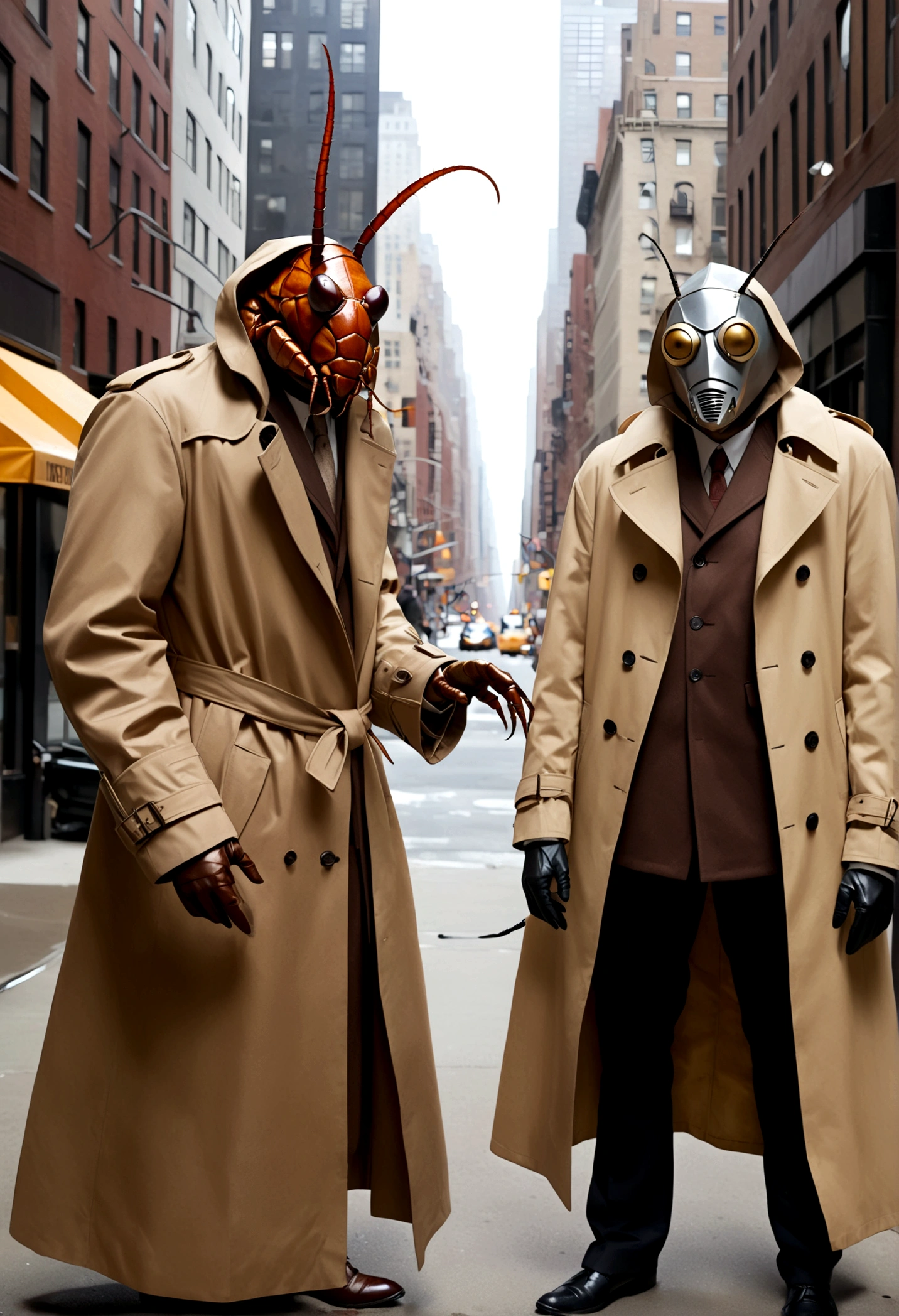 A humanoid cockroach in a trench coat and a wax human mask is attempting to mimic humans in new york city