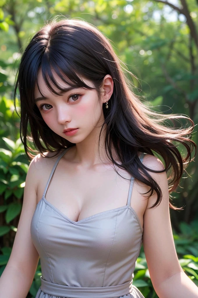 (1 nogizaka girl,raw photo,photo realistic:1.5),(best quality, high quality,HDR, highest quality,ultra high resolution,high resolution,high res,ultra high difinition,huge file size,8K,2K wallpaper,8K wallpaper,high quality texture,amazing,an extremely delicate:1.4),one girl, Japanese famous idol,beautiful face,small face,absurd,ridiculous,incredibly ridiculous,blurry background,(sundress,short hair,cleavage,no makeup:1.2),medium skin,beautiful skin,detailed skin,black hair,silky hair,detailed eyes,black eyes,Japanese nose,5-fingers,(Light Particles, Lens Flare, Luminous Particles: 0.7),looking at viewer,bright lighting,professional lighting,girl