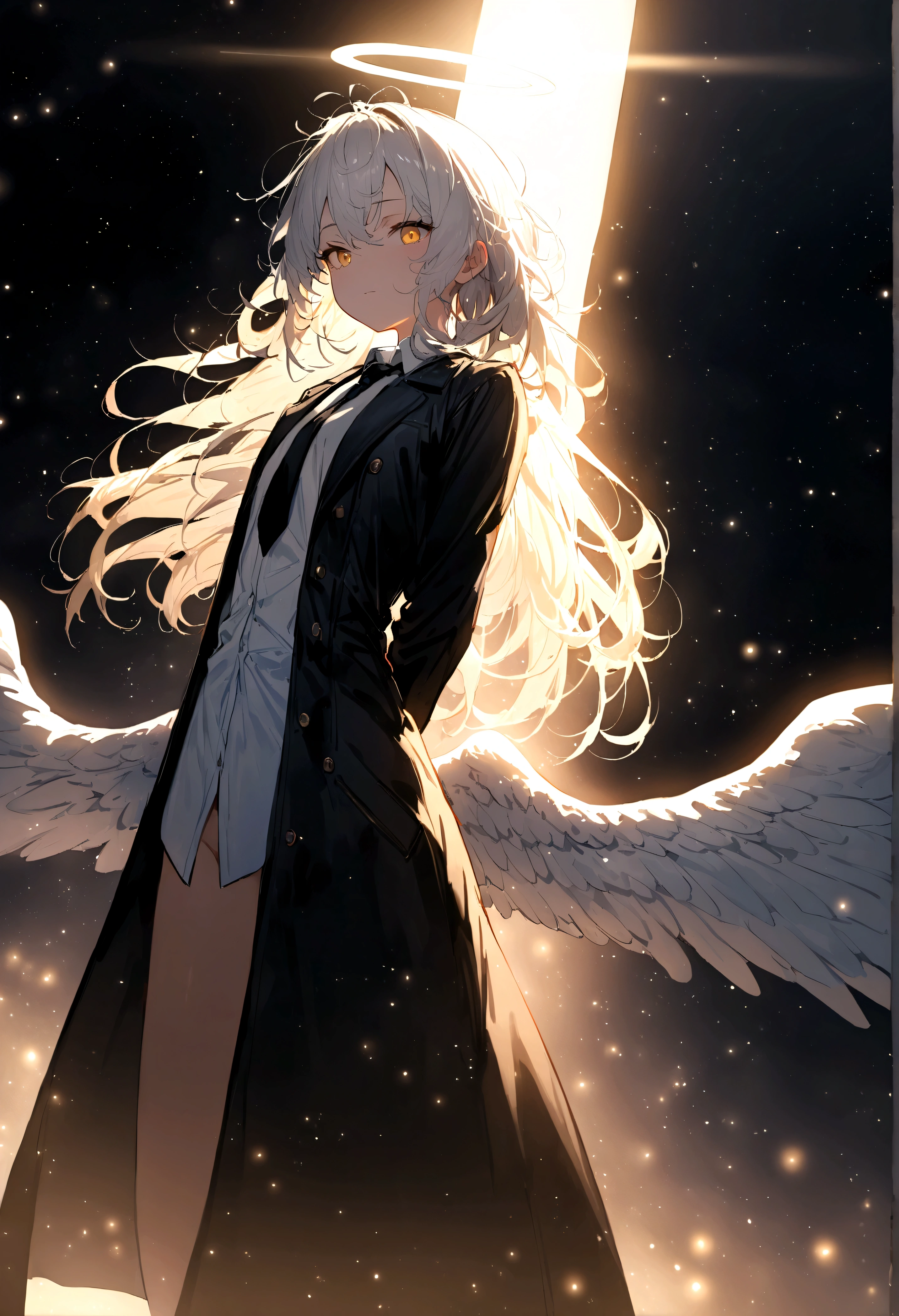 (masterpiece, best quality:1.3), (Extremely detailed:1.3), 1 girl, solitary, (White hair, Messy hair, Long hair), (Angel Wings, 天使Light环), flat chest, Yellow eyes, (White shirt, Black Tie, Black coat, Open coat), Cowboy shooting, Light, (((Glowing Light particles))), (Put your hands behind you), Dynamic Angle,