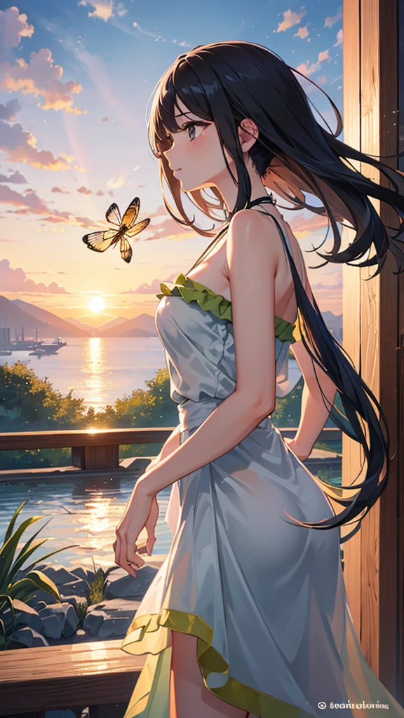 There are beautiful dragonflies and a gentle breeze is blowing in the evening. Sunset scenery.