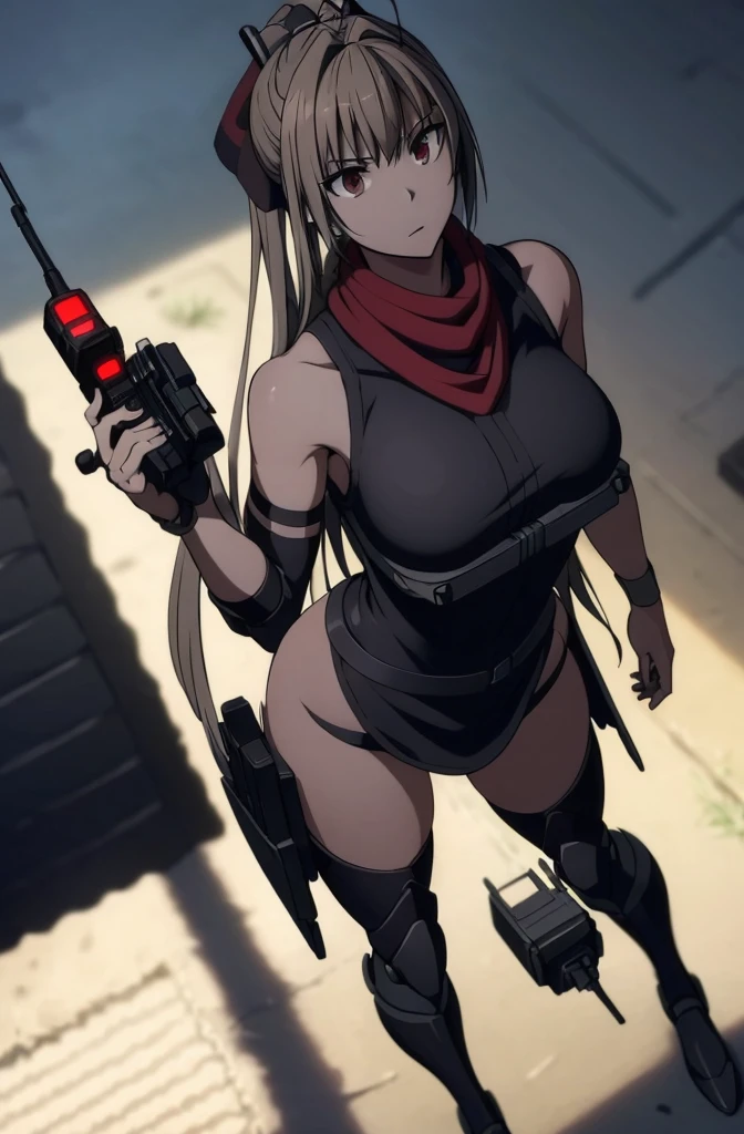 (Female Ninja Cruel Mech: 1.3, Full Body Covered Mechanic, Heavy AWP on the back, DSLR, light tracking, 3D, conceptual art, action painting, movie lighting, chiaroscuro) :(1.3). Highlighting the curve of the chest., long white ponytail hair looks elegant and attractive. 8K resolution like a masterpiece, (Murderous death and fear): 0.5, long red scarf fluttering in the wind, war-torn city backdrop. 