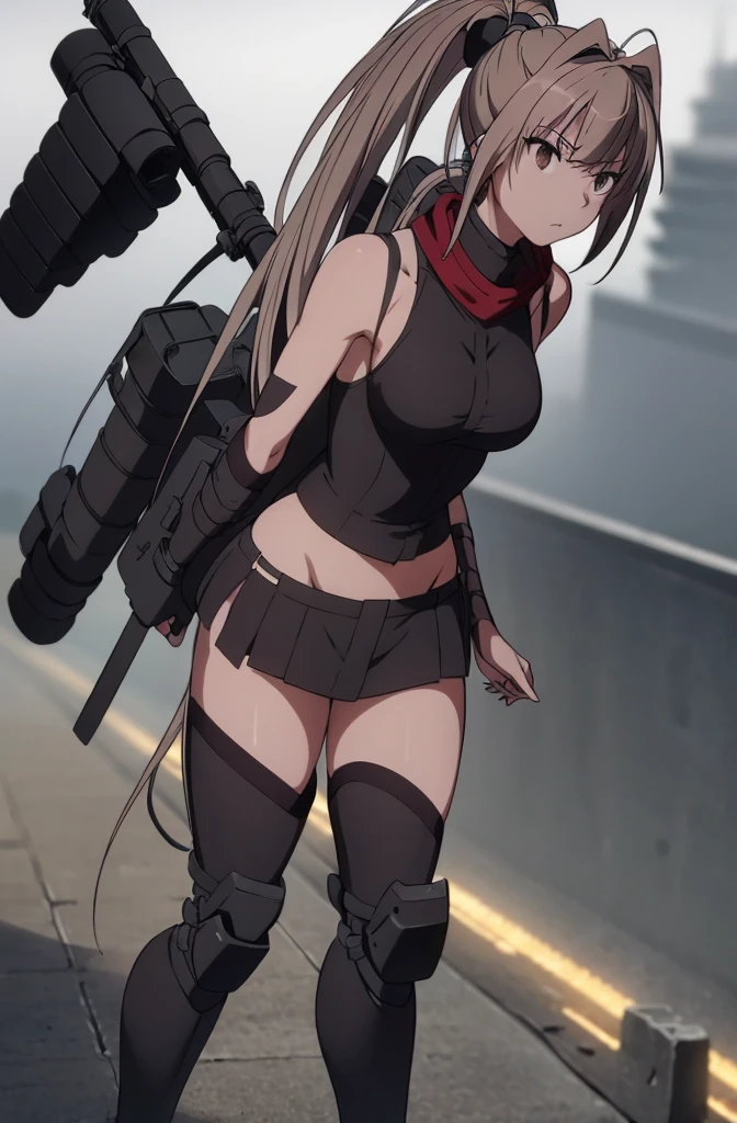 (Female Ninja Cruel Mech: 1.3, Full Body Covered Mechanic, Heavy AWP on the back, DSLR, light tracking, 3D, conceptual art, action painting, movie lighting, chiaroscuro) :(1.3). Highlighting the curve of the chest., long white ponytail hair looks elegant and attractive. 8K resolution like a masterpiece, (Murderous death and fear): 0.5, long red scarf fluttering in the wind, war-torn city backdrop. 