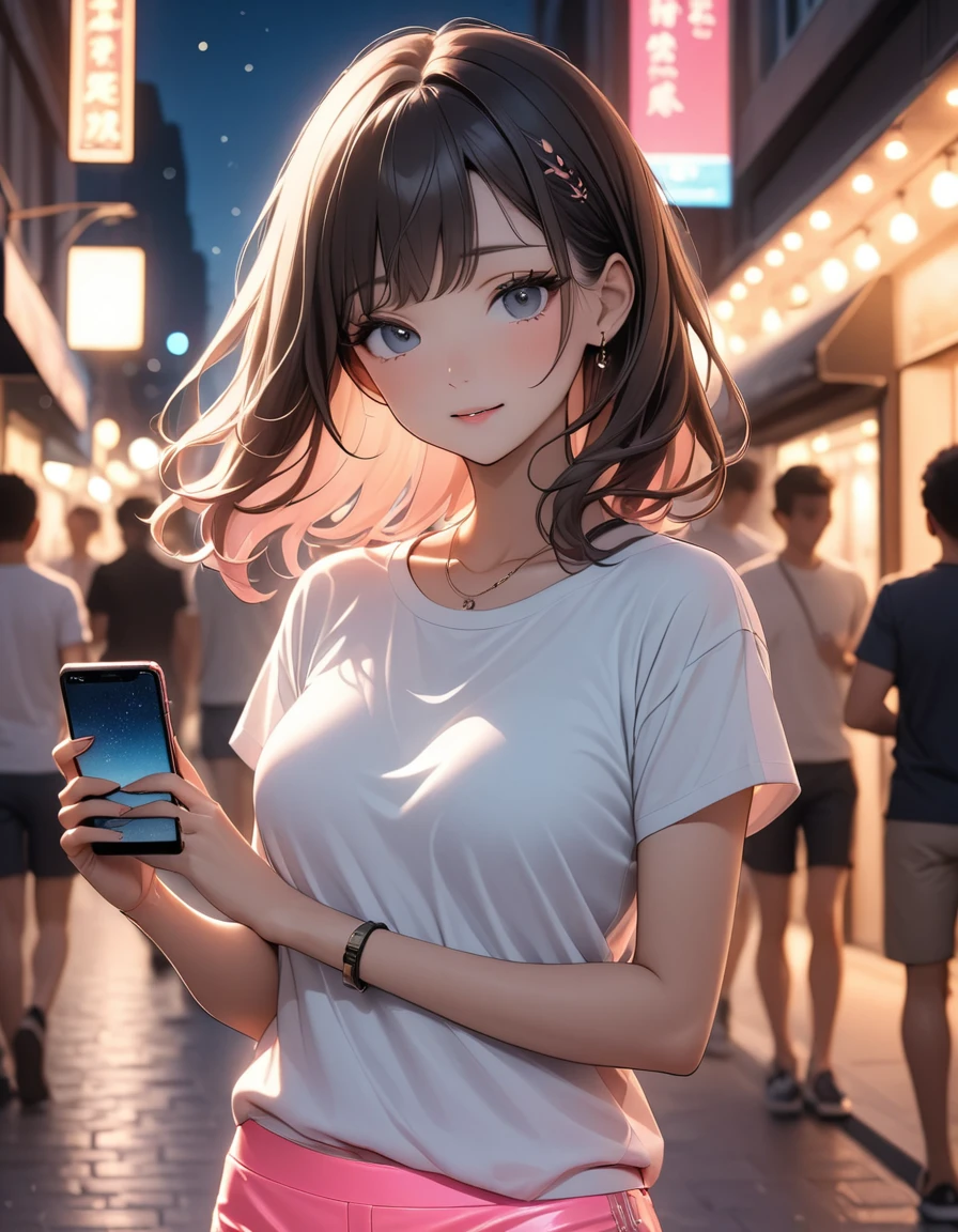 Beautiful woman, street lights at night, Fiddling with smartphones, Hot Pants, black, pink, summer, feel hot, Passersby, night gradient, fine details, Subtle tones, There is a sense of tranquility in the picture. Bokeh,