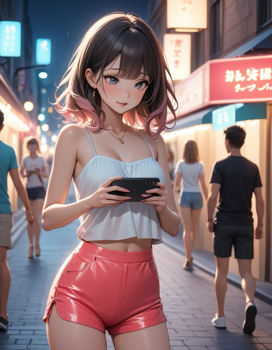 Beautiful woman, street lights at night, Fiddling with smartphones, Hot Pants, black, pink, summer, feel hot, Passersby, night gradient, fine details, Subtle tones, There is a sense of tranquility in the picture. Bokeh,