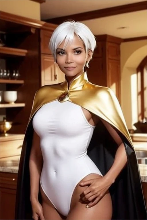 halle berry, dark skin, white eyes, white hair, pixie cut, white leotard,gold trim, cape, looking at viewer, serious, smiling, portrait shot, 
interior of a fancy kitchen, simple background, playful pose, jazzy ambiance, extreme detail, hdr, 