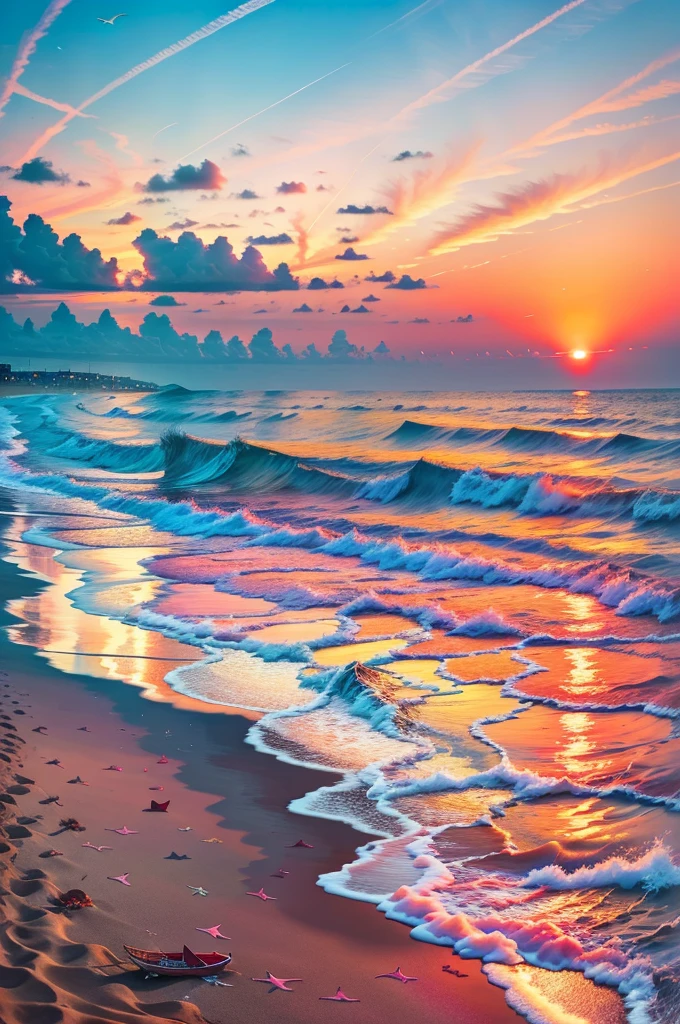 An absolutely mesmerizing sunset on the beach with a mix of orange, red, pink and yellow in the sky. The water is crystal clear, gently kissing the shore, and the sandy beach is endless. The scene is dynamic and breathtaking, with seagulls soaring high in the air and palm trees gently swaying. Immerse yourself in the calm atmosphere and let the tranquil surroundings surround you.