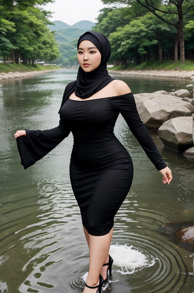 Beautiful bbw korean woman wearing a hijab with tight black dress showing curves, crown, long legs with heels, on water