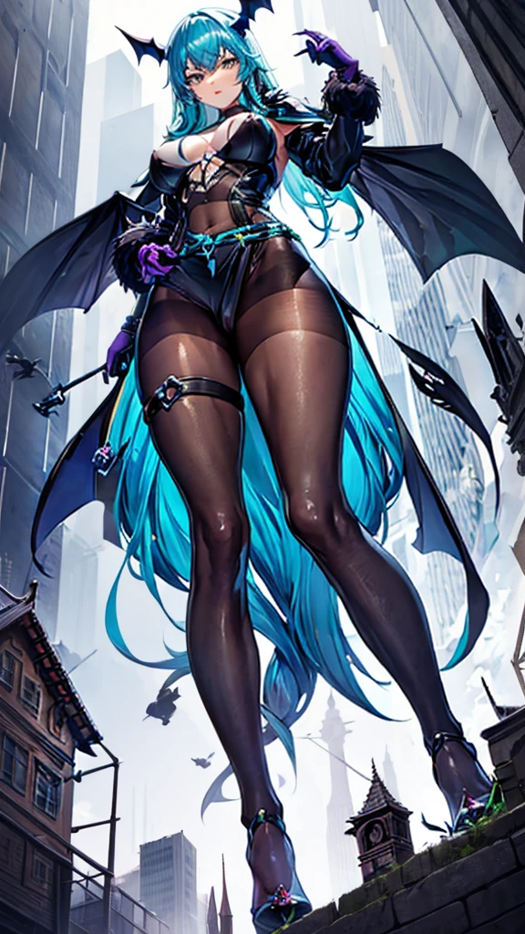 A colossal giantess succubus walks into a tiny city, breaking the floor, the tiny people and everything with her heels, she looks down and mocks you as you see from below her tiny tits and long legs covered all in transparent pantyhose, look down, evil, better quality, close, photo under her, Giant succubus, massive, long legs, sexy legs, slim body, sexy body, hot, goddess, tiny people, crushing