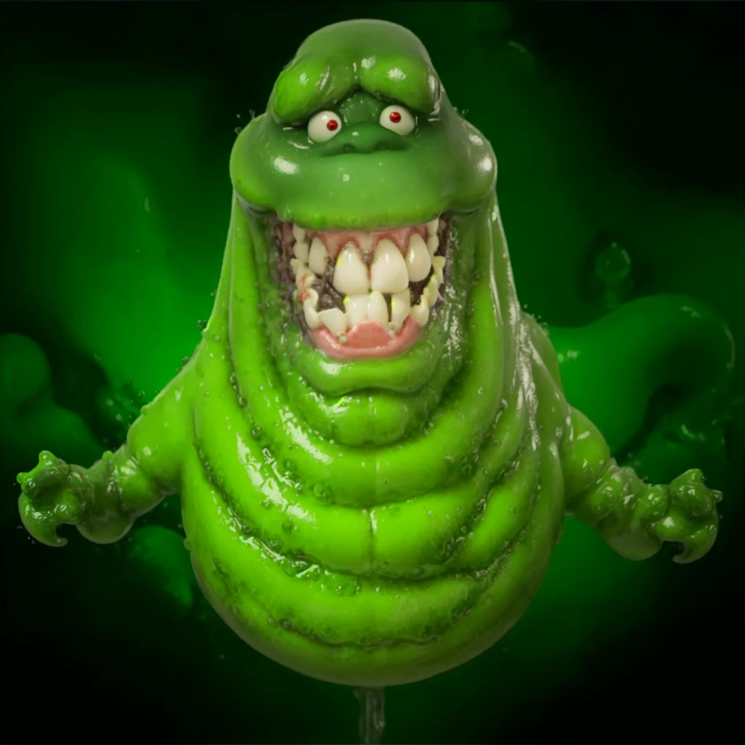 a close up, photograph, masterpiece of a green creature face perfectly defined, with a toothy smile, slimmer, ghostbusters character, 90s CGI, slimy and gelatinous slimy, gelatinous with a smile, grimace, fat and ripped creature, slime monster