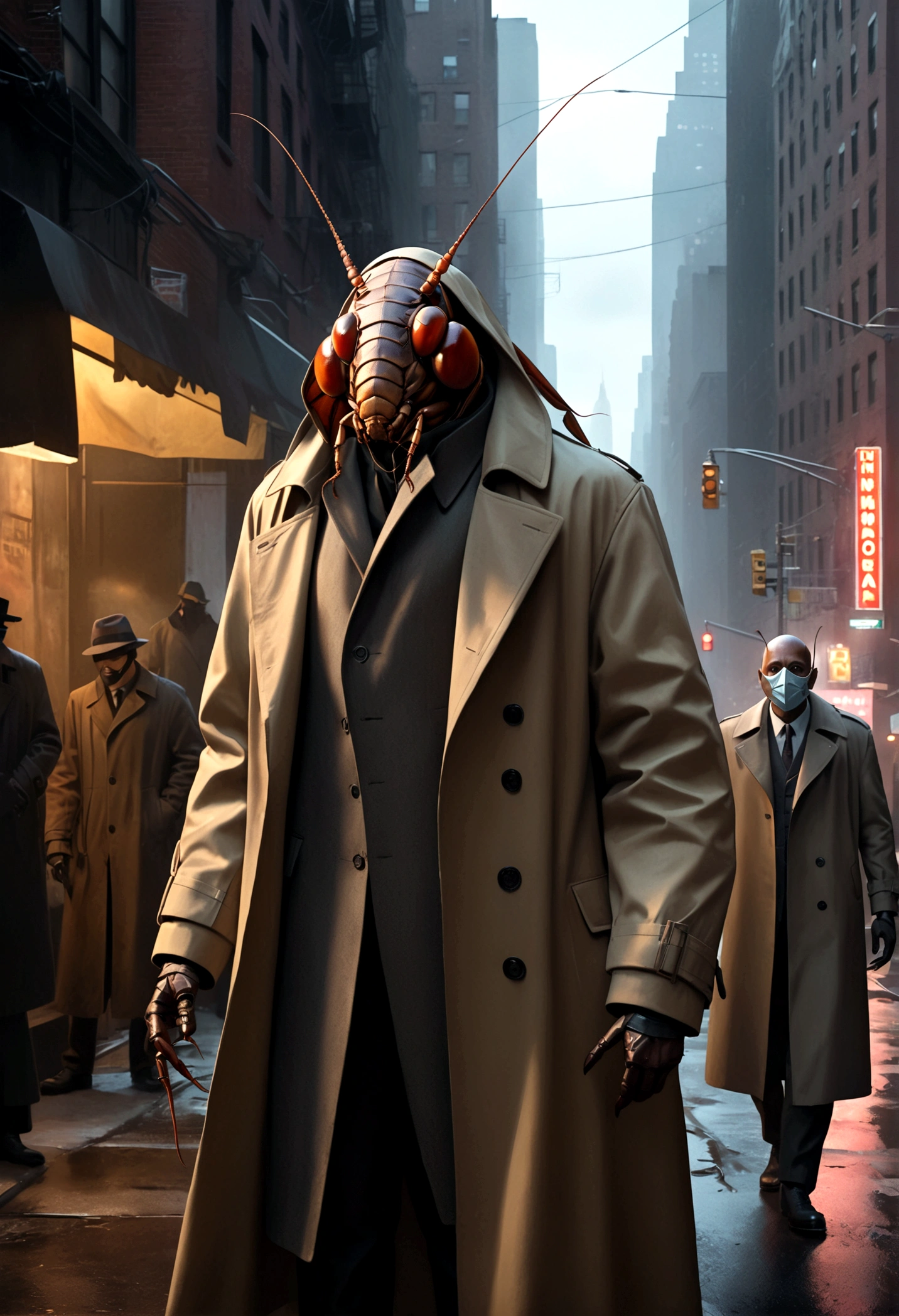 a humanoid cockroach in a trench coat and a wax human mask, attempting to mimic humans in new york city, hyper-realistic, cinematic lighting, moody, dark, gritty, cyberpunk, intricate details, award-winning concept art, 8k, photorealistic, masterpiece