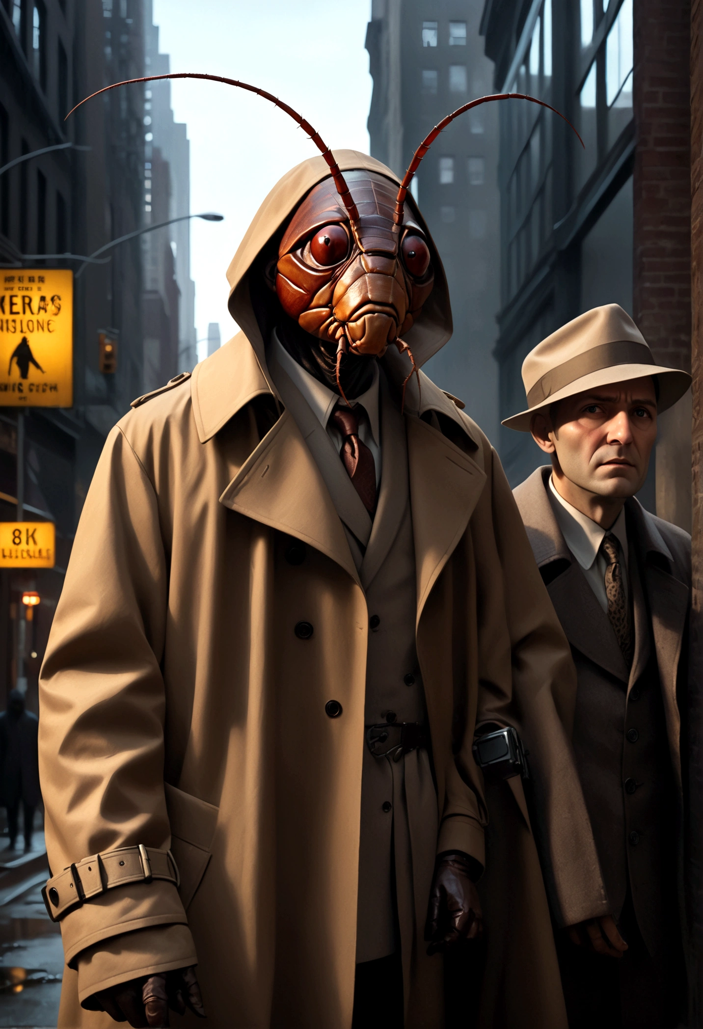 a humanoid cockroach in a trench coat and a wax human mask, attempting to mimic humans in new york city, hyper-realistic, cinematic lighting, moody, dark, gritty, cyberpunk, intricate details, award-winning concept art, 8k, photorealistic, masterpiece
