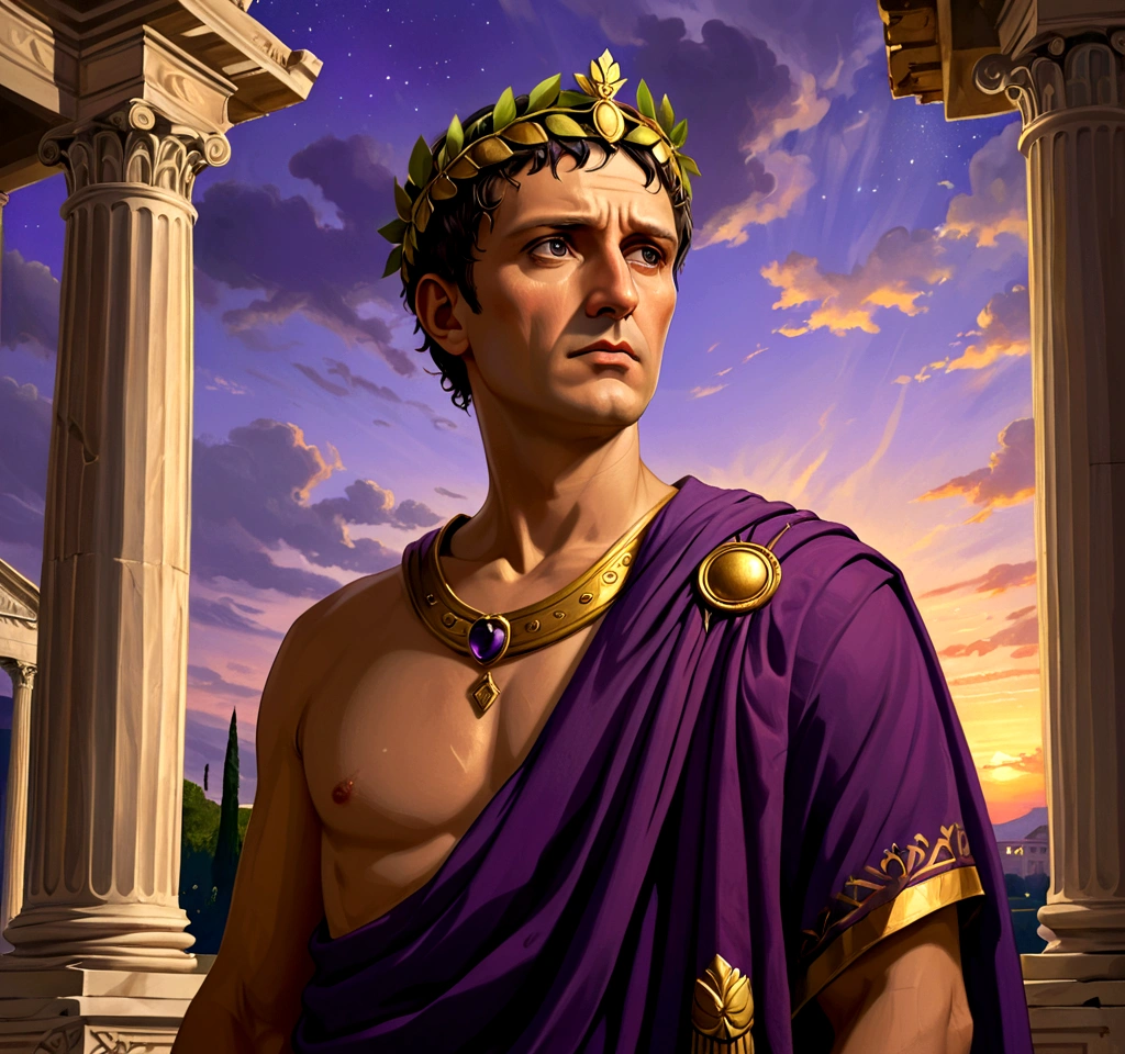 The painting depicts Julius Caesar, Emperor of Rome, facing the observer, his expression is serene and authoritative, he wears a richly adorned purple imperial toga, a golden laurel crown rests on his head, his gaze is piercing and conveys wisdom and power, in the background, Roman columns and a twilight sky add majesty to the scene, the soft lighting highlights the details of his face and attire, creating a depth and realism effect characteristic of the Renaissance.