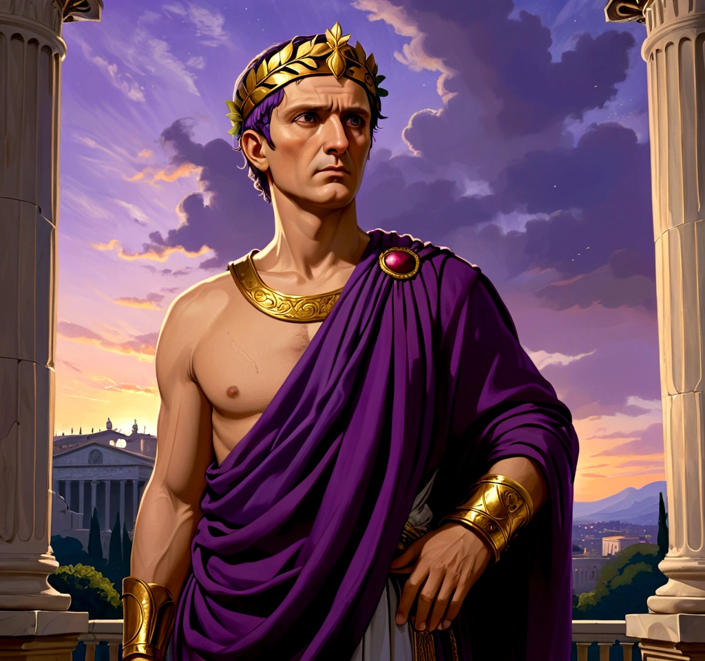 The painting depicts Julius Caesar, Emperor of Rome, facing the observer, his expression is serene and authoritative, he wears a richly adorned purple imperial toga, a golden laurel crown rests on his head, his gaze is piercing and conveys wisdom and power, in the background, Roman columns and a twilight sky add majesty to the scene, the soft lighting highlights the details of his face and attire, creating a depth and realism effect characteristic of the Renaissance.
