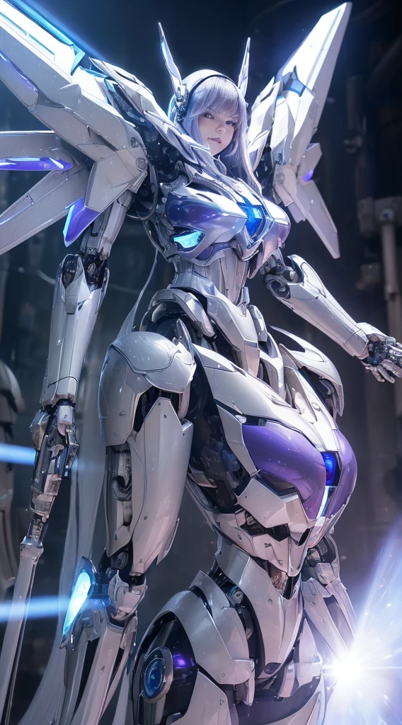 ((Intense action pose:1.6))、((Shining lenses on both breasts:1.3))、((Blue pillars of light are emanating from both chests.:1.3))、smile、((8K)), ((32k)), ((Highest quality)), ((masterpiece)), ((超A high resolution)), ((Tmasterpiece)), ((Halation:1.4))、((Mechaニカルheadgear:1.2))、((Cyber headphones:1.3))、Fine skin, High quality fabric, Fine metal texture、((Beautiful and dense face))、RAW Photos、Professional, Ultra-fine painting, ((alone)), Beautiful breasts、Highest quality, Very detailed, Very detailed詳細, Finer details, so beautiful, ((Princess Knight Robot:1.2)),  (Joints of machines, Mechanical Limbs:1.3), (The internal structure of the machine is exposed:1.3), (Long silver hair:1.1), (Beautiful and huge mechanical breasts)、White Veil, cowboy_shot, Side Focus, headgear, Shiny、(Five Fingers, Four fingers and thumb),Concept Art, Anime fantasy artwork, Detailed fantasy art, (with pale blue-violet hair and large white wings,,,,,,,), (((Long silver hair))), (Mecha:1.6)、Sleek and intimidating design, ((Commander-in-Chief&#39;arm)), (Perfect robot body)、純白と青紫armまたは, Symmetrical wings, 8K high quality, detailed art, 3D rendering of character art in 8K, neat legs, Defined, Defined fingers,