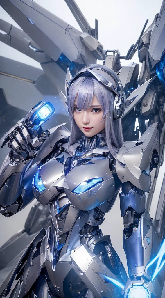 ((Intense action pose:1.6))、((Shining lenses on both breasts:1.3))、((Blue pillars of light are emanating from both chests.:1.3))、smile、((8K)), ((32k)), ((Highest quality)), ((masterpiece)), ((超A high resolution)), ((Tmasterpiece)), ((Halation:1.4))、((Mechaニカルheadgear:1.2))、((Cyber headphones:1.3))、Fine skin, High quality fabric, Fine metal texture、((Beautiful and dense face))、RAW Photos、Professional, Ultra-fine painting, ((alone)), Beautiful breasts、Highest quality, Very detailed, Very detailed詳細, Finer details, so beautiful, ((Princess Knight Robot:1.2)), (Joints of machines, Mechanical Limbs:1.3), (The internal structure of the machine is exposed:1.3), (Long silver hair:1.1), (Beautiful and huge mechanical breasts)、White Veil, cowboy_shot, Side Focus, headgear, Shiny、(Five Fingers, Four fingers and thumb),Concept Art, Anime fantasy artwork, Detailed fantasy art, (with pale blue-violet hair and large white wings,,,,,,,), (((Long silver hair))), (Mecha:1.6)、Sleek and intimidating design, ((Commander-in-Chief'arm)), (Perfect robot body)、純白と青紫armまたは, Symmetrical wings, 8K high quality, detailed art, 3D rendering of character art in 8K, neat legs, Defined, Defined fingers,