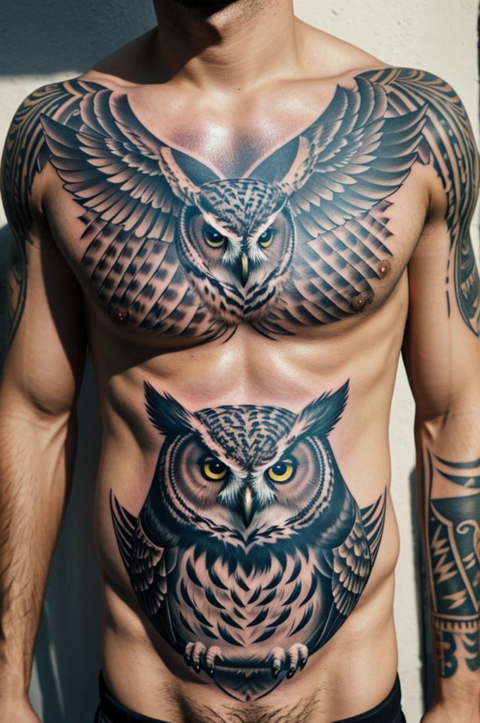 Chest tattoo of an owl and a drone