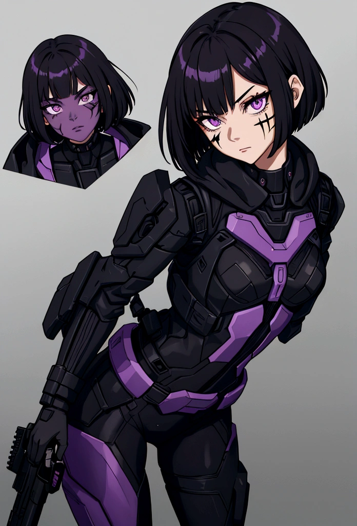 Holoform Appearance: Gender: Female Age: Appears to be in her late 20s Height: 5'9" Hair: Black, short, and styled in a sleek bob cut Eyes: Dark purple Clothing: Black tactical gear with purple accents, combat boots, and a Decepticon insignia subtly incorporated into the design Extras: A faint scar on her left cheek, similar to the one on her optic