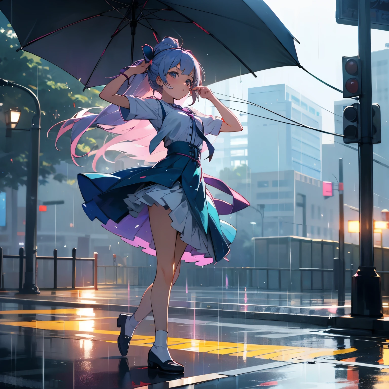 anime girl dancing in the middle of the street during a light summer rain