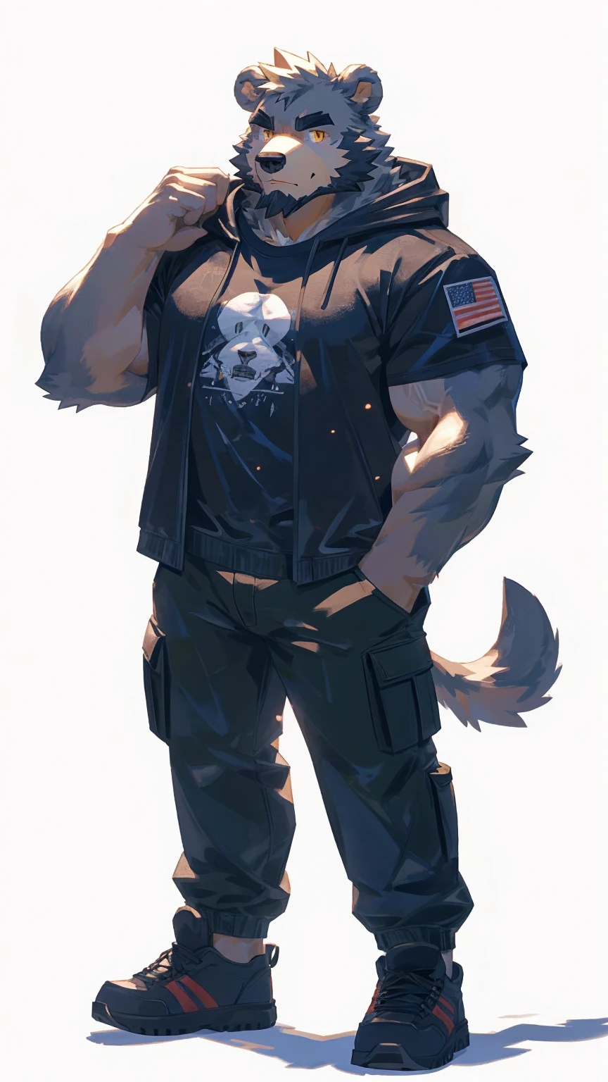 (masterpiece:1.2), best quality,pixiv,official art,perfect anatomy, (Ray tracing, light),solo, (1_male:1.3) , (muscle), (grey fur:1.4), (muscle bear), (beard:1.2), (gleaming golden eyes), bear tail, Thick black eyebrows,(open hooded parka), (t-shirt inside), jeans, (cargo pants:1.2), black shoes, (pure white background: 1.3)