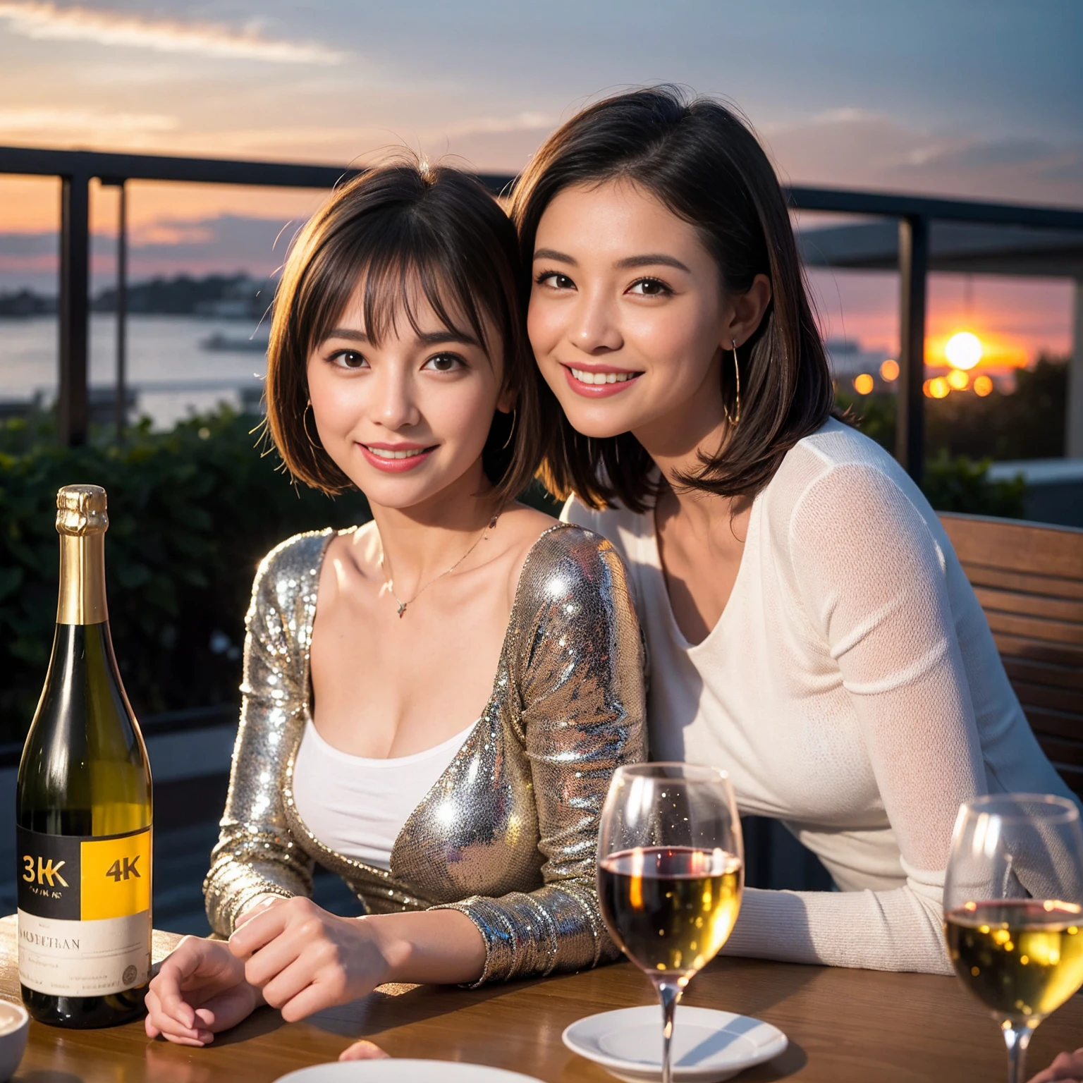 ((Highest quality、8K、masterpiece:1.3))、 (Ultra-realistic、 Genuine、Bright image、Intricate details:1.2), 最高のsmile、1 male 1 female、Beautiful couple、love love love、Beautiful lover、Good friends、actress couple、smile、Full-course dinner at a packed table、 (Slim face), (the body is slim), (Brown Hair), (short hair), テーブルのwine glass、Please shine a light on my face、 Amazing view of the sunset sky and clouds、35 years old 39 years old, red wine 、Appetizers、Wine bottle、sparkling wine、Long sleeve shirt、dress、White wine, red wine, wine glass,
