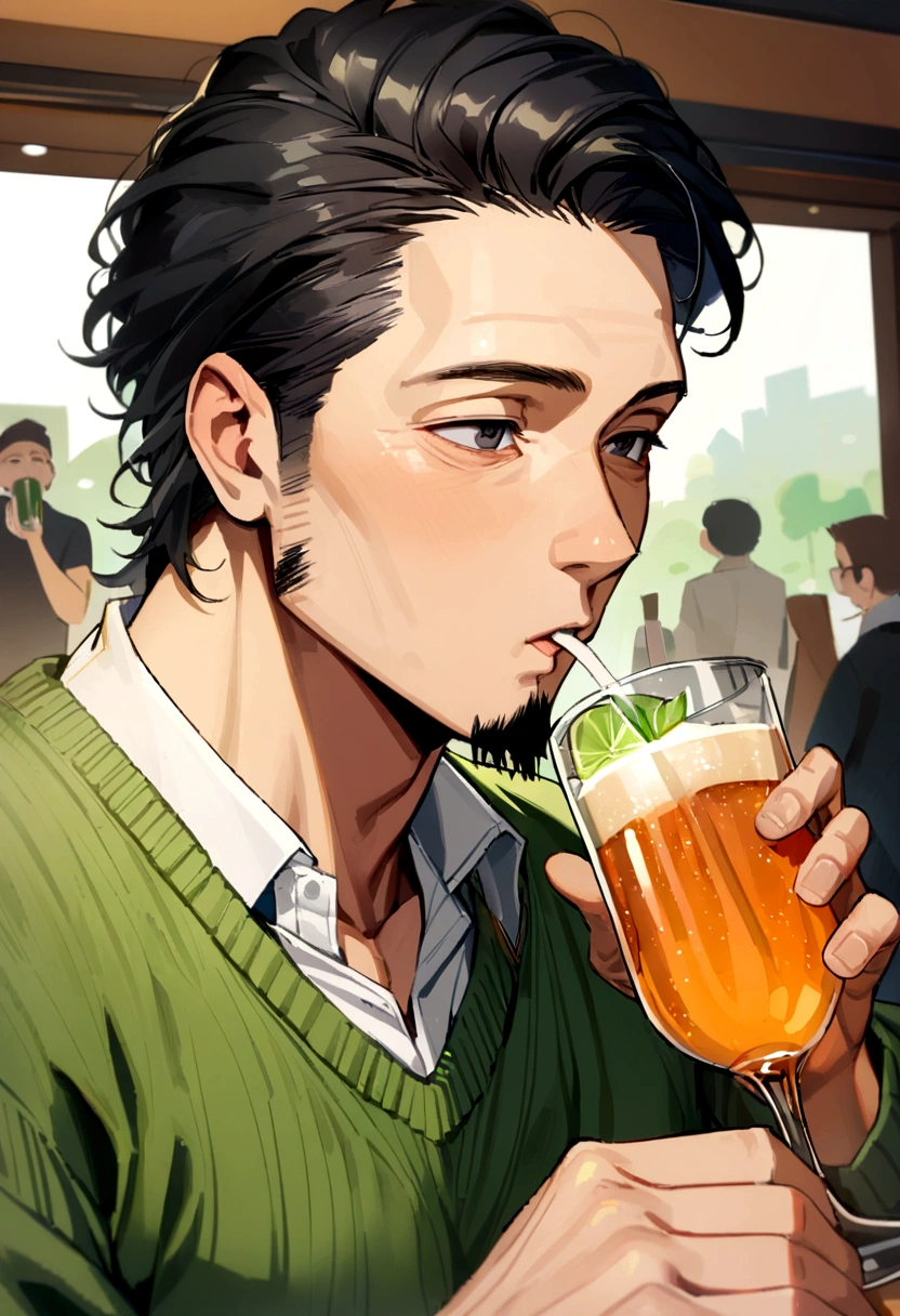 40 year old man, long black hair slightly curly to the shoulder, black eyes dull from drinking, goatee, green sweater, white shirt inside. art