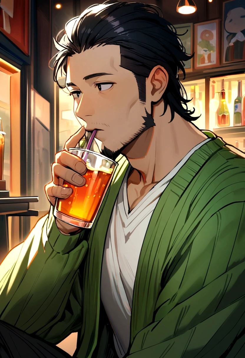 40 year old man, long black hair slightly curly to the shoulder, black eyes dull from drinking, goatee, green sweater, white shirt inside. art