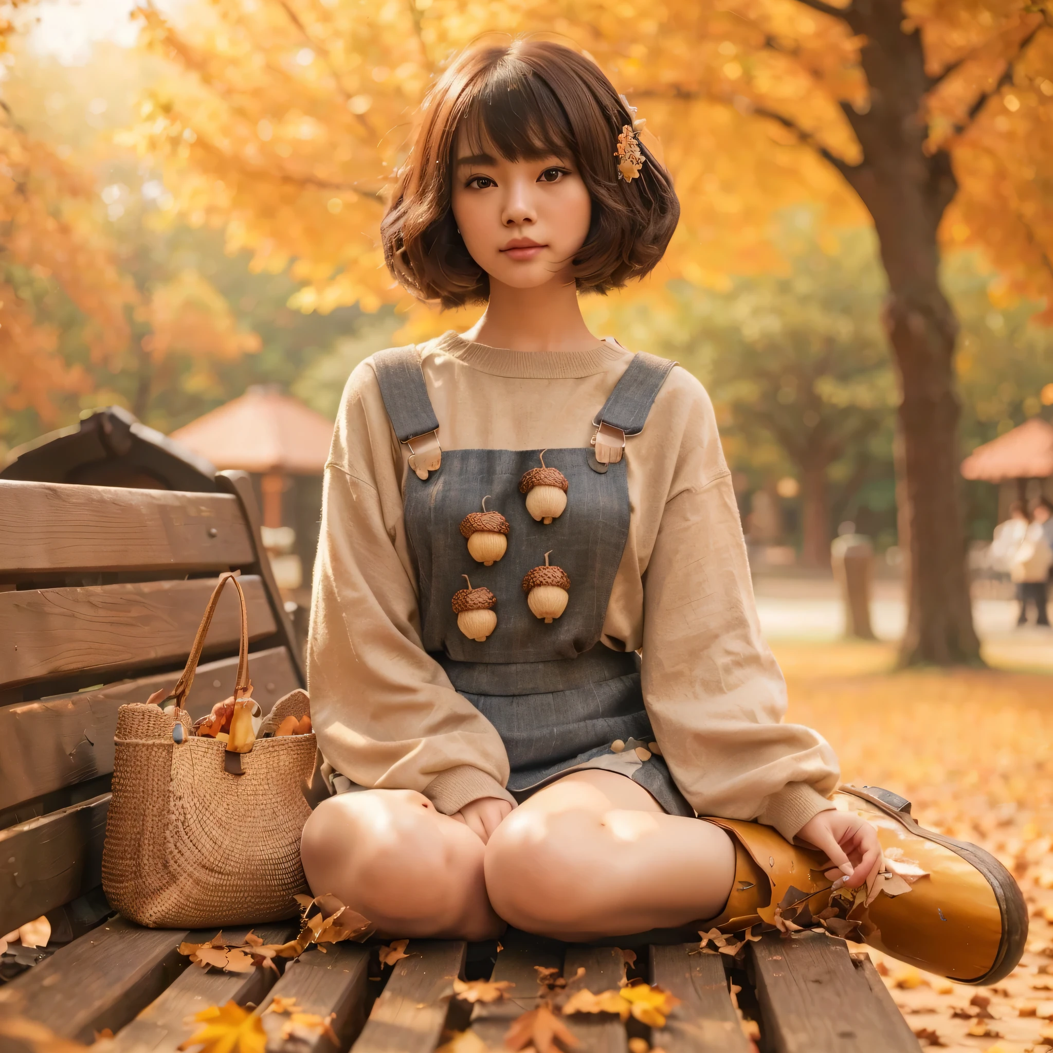 a beautiful Chinese girl, acorn bowlcut hairstyle, wearing an acorn shirt, acorn overall skirt, acorn boots, carrying acorn bag, sitting on a park bench in autumn, autumn leaves, (best quality,4k,8k,highres,masterpiece:1.2),ultra-detailed,(realistic,photorealistic,photo-realistic:1.37),concept art,detailed environment