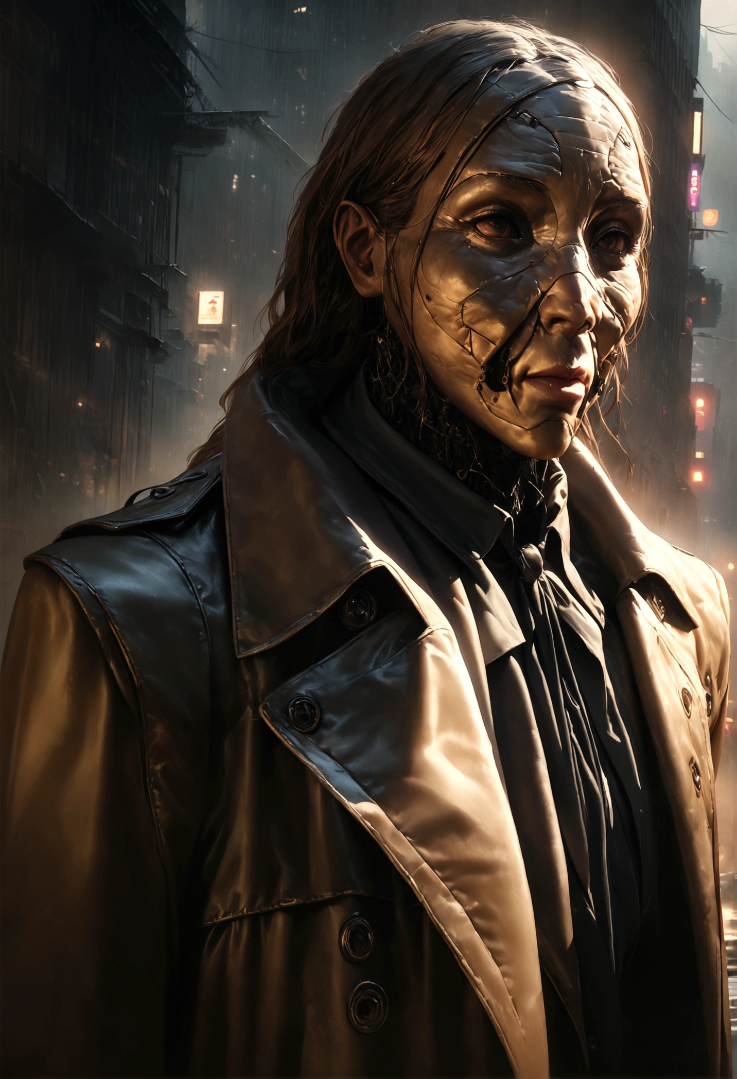 a humanoid cockroach in a trench coat and a wax human mask, attempting to mimic humans in new york city, hyper-realistic, cinematic lighting, moody, dark, gritty, cyberpunk, intricate details, award-winning concept art, 8k, photorealistic, masterpiece
