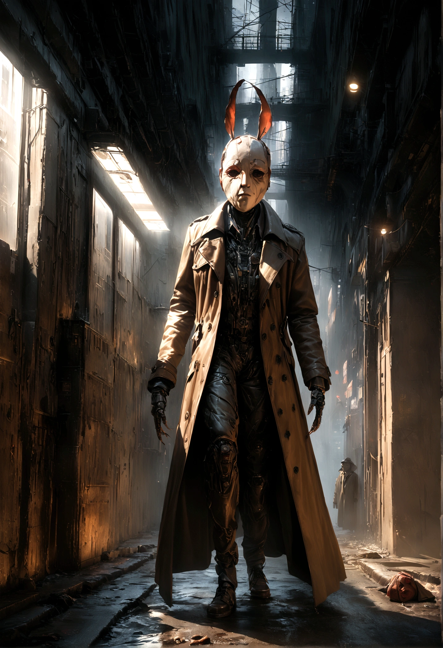 a humanoid cockroach in a trench coat and a wax human mask, attempting to mimic humans in new york city, hyper-realistic, cinematic lighting, moody, dark, gritty, cyberpunk, intricate details, award-winning concept art, 8k, photorealistic, masterpiece
