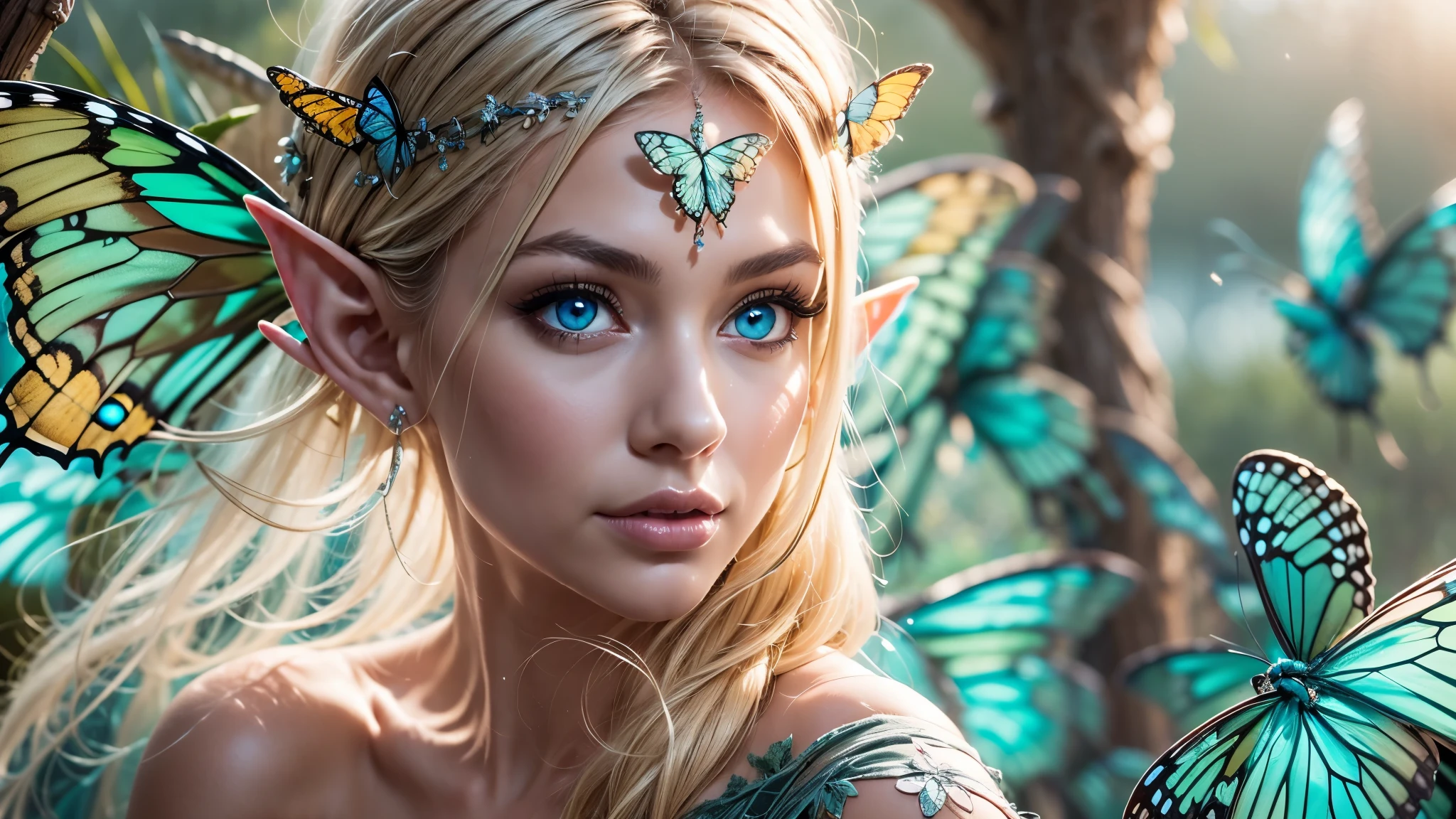 Beautiful, Amazing face and eyes, makeup, (extremely detailed beautiful face), Blonde, (sexiest look), (Beautiful breasts:1.3), (Best Quality:1.4), (Ultra-detailed), (extremely detailed CG unified 8k wallpaper), Highly detailed, RAW Photos, Professional Photography, (silk see through lace:1.3), full body, sitting, (Spread your legs), (:1.4), plein air, Illumination, (Super fancy photos:1.4), (Dazzling light), Radiant Photography, depth of fields, (Glowing blue eyes), (realistic elf ear), (castle, fantasy setting), ((orbs)), massive butterfly wings, flowing butterfly wings,