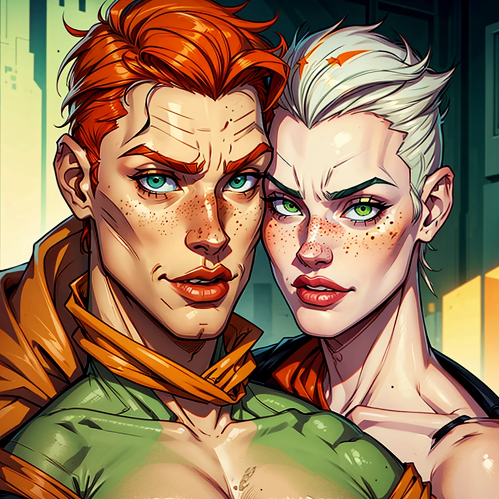 create super Mário broz white skin shaved orange hair with freckles on his face and green eyes