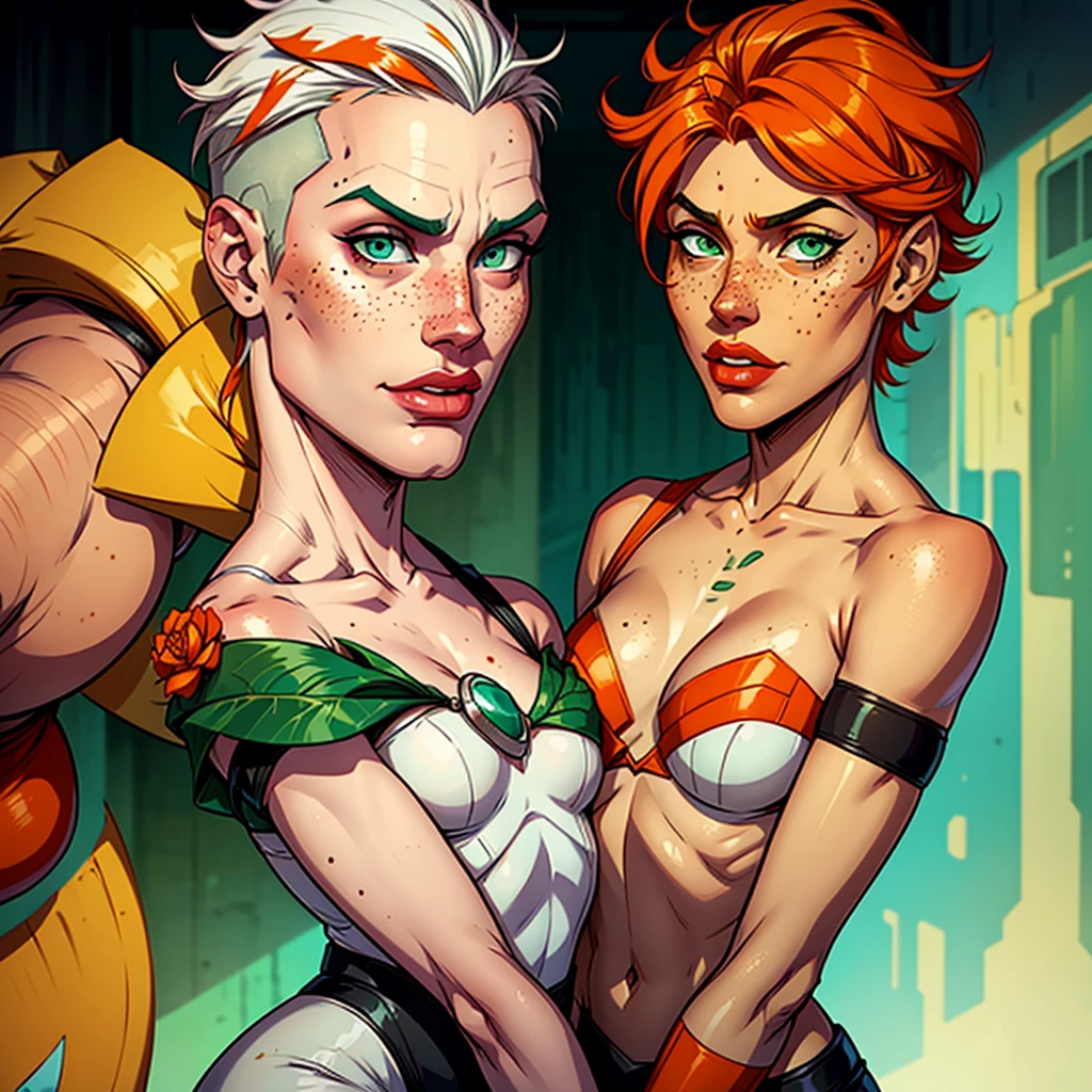 create super Mário broz white skin shaved orange hair with freckles on his face and green eyes