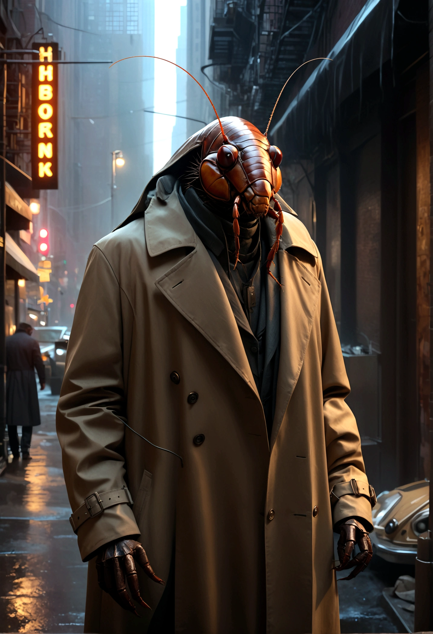 a humanoid cockroach in a trench coat and a wax human mask, attempting to mimic humans in new york city, hyper-realistic, cinematic lighting, moody, dark, gritty, cyberpunk, intricate details, award-winning concept art, 8k, photorealistic, masterpiece
