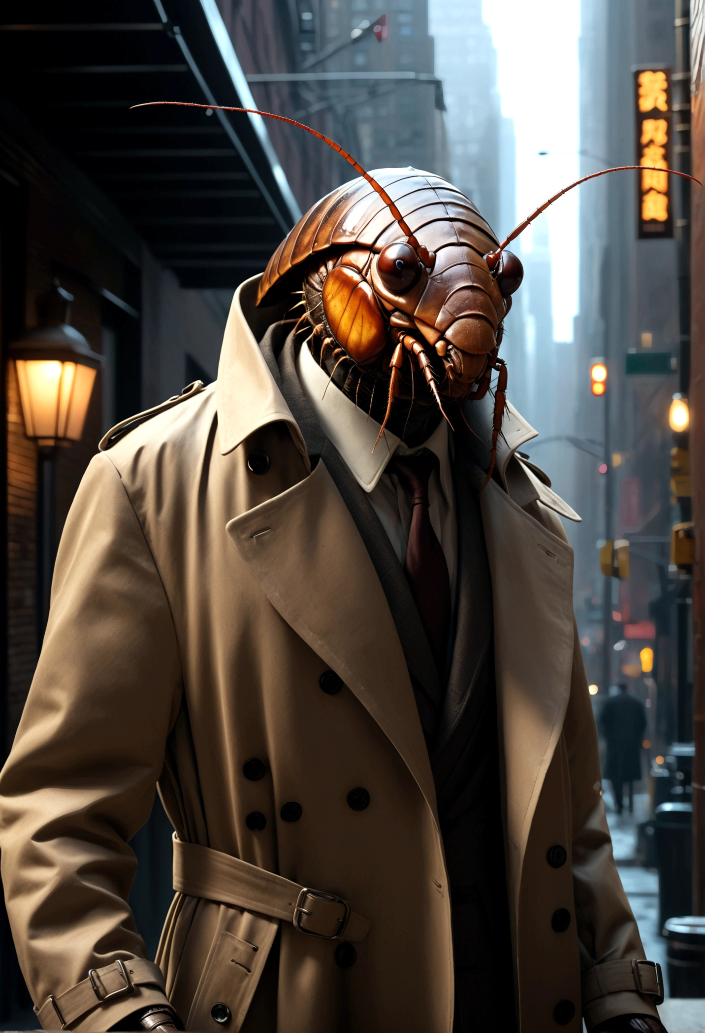 a humanoid cockroach in a trench coat and a wax human mask, attempting to mimic humans in new york city, hyper-realistic, cinematic lighting, moody, dark, gritty, cyberpunk, intricate details, award-winning concept art, 8k, photorealistic, masterpiece
