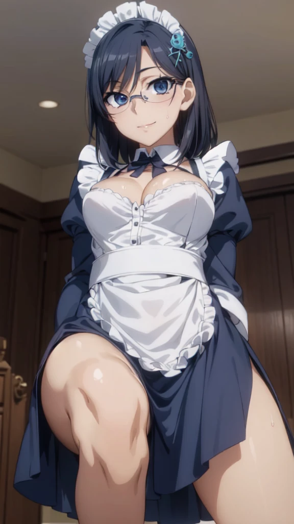 (From below:1.1),One Girl,18-year-old,(Perfect hands:1.3), Perfect Fingers,Perfect Anatomy, (masterpiece:1.4), Highest quality,Realistic, hyperRealistic, 16k hdr, morning, short hair,Put your arms behind your back,(Aesthetic Anime Eyes:1.4),Condescending eyes,Beautiful Eyes,(Beautiful female hands:1.3),Small hands,(Thin fingers:1.3), (Navy Blue Hair), blue eyes, Glasses,Something like that, Cafe,Are standing,(Sweat:1.3),(smile:1.2),Big Breasts,Cleavage,(Sexy maid outfit,Head ornament:1.2),Ultra mini skirt,Frills,Sexy maid outfit,White panties,raise one leg slightly,