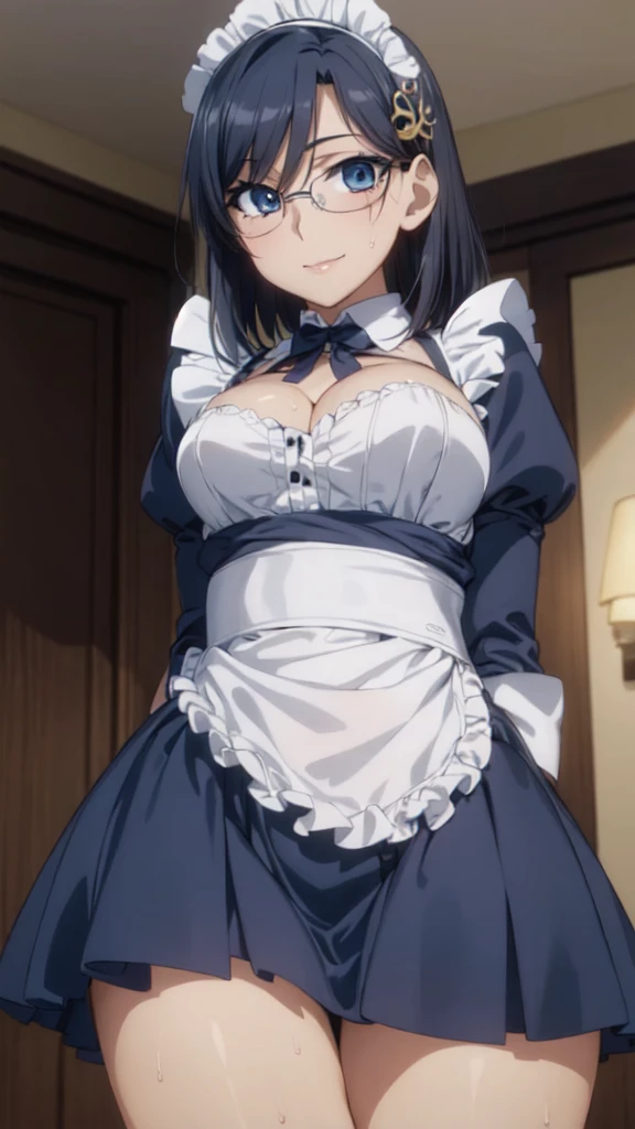 (From below:1.1),One Girl,18-year-old,(Perfect hands:1.3), Perfect Fingers,Perfect Anatomy, (masterpiece:1.4), Highest quality,Realistic, hyperRealistic, 16k hdr, morning, short hair,Put your arms behind your back,(Aesthetic Anime Eyes:1.4),Condescending eyes,Beautiful Eyes,(Beautiful female hands:1.3),Small hands,(Thin fingers:1.3), (Navy Blue Hair), blue eyes, Glasses,Something like that, Cafe,Are standing,(Sweat:1.3),(smile:1.2),Big Breasts,Cleavage,(Sexy maid outfit,Head ornament:1.2),Ultra mini skirt,Frills,Sexy maid outfit,White panties,raise one leg slightly,
