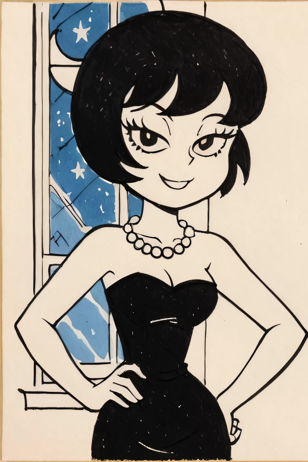 Jucika, traditional media, black eyes, black hair, short hair, flat color, solid color, colored skin, zPDXL, best quality, amazing quality, score 9, 1girl, collarbone, strapless black tube dress, pearl necklace, hand on hip, looking at viewer, half-closed eyes, a pink bedroom with a blue night skies with stars in the window, seductive smile, a crescent moon